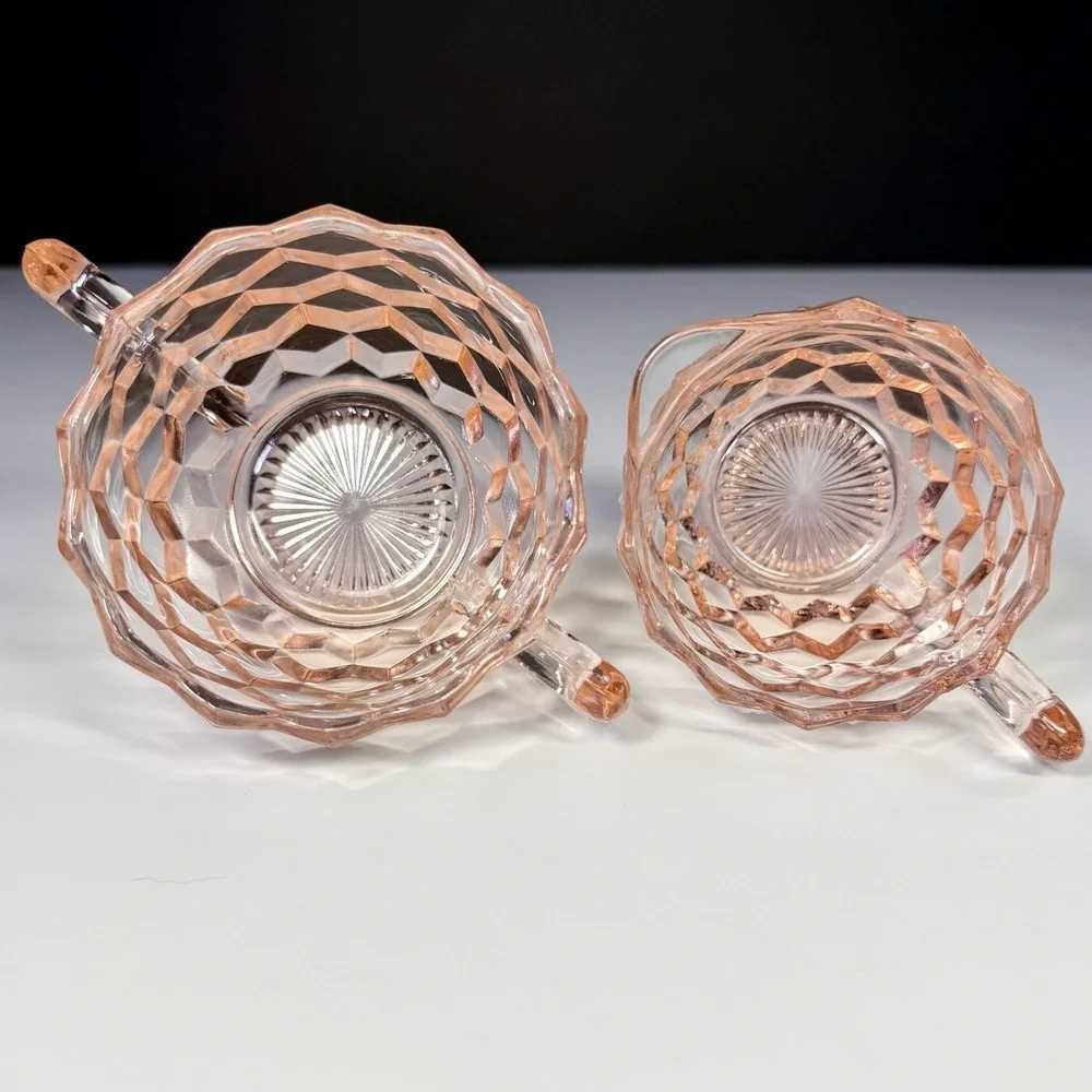 Vintage Jeannette Cubist Pink Depression Glass Sugar & Creamer Set Cube Pattern